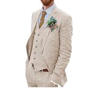 Botong Herren 3-teiliges Leinenanzug für Hochzeit, zwei Knöpfe, Bräutigam, Smoking, einreihig, Strand, Hochzeit, Business-Anzug, beige, 62