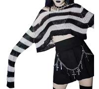 Bottone 2023 Gothic Crewneck Langarm Crop Top Punk Hohl Gestreiften Print Stricken Pullover Pullover Abgeschnitten Pullover