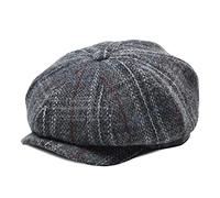 BOTVELA Herren 8 Paneele Wollmischung Newsboy Flat Cap Fischgrätenmuster Tweed Hut, kariert grau, 59 EU