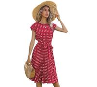 BOUTIKS Kleid Damen Sommer Elegant Rundhalsausschnitt Kurzarm Plissee A-Linie Polka Dot Kleid mit Gürtel, M