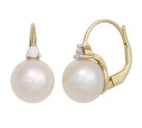 Boutons 585 Gold Gelbgold 2 Süßwasser Perlen 2 Diamanten Ohrringe Ohrhänger