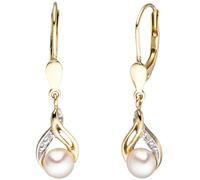 Boutons 585 Gold Gelbgold 2 Süßwasser Perlen 2 Diamanten Ohrringe Ohrhänger