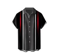 Bowling-Shirts für Herren Vintage 50er Jahre Kurzarm Farbverlauf Streifen Gedruckt Casual Button Down Strandhemd, Bowling Gradient Stripe Schwarz, L