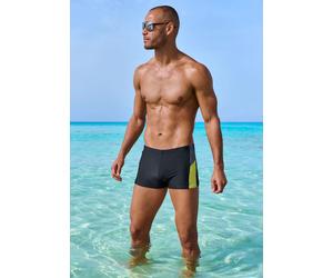 Boxer-Badehose H.I.S, Herren, Gr. 4, N-Gr, schwarz (schwarz, gelb), Recycling-Polyamid, unifarben mit Farbeinsätzen, Badehosen, im Colorblocking-Design (50458423-4) schwarz, gelb