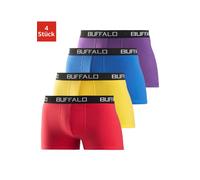 Boxer BUFFALO "Boxershorts für Herren", Herren, Gr. M, 4 Stk., bunt (rot, gelb, blau, lila), Jersey, Obermaterial: 95% Baumwolle, 5% Elasthan, unifarben, körpernah, Unterhosen Boxer, aus Baumwoll-Mix