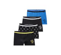 Boxer BUFFALO "Boxershorts für Jungen", Herren, Gr. 158/164, 4 Stk., schwarz (schwarz, blau), Jersey, Obermaterial: 95% Baumwolle, 5% Elasthan, bedruckt, körpernah, Unterhosen, mit Icons bedruckt, Bau