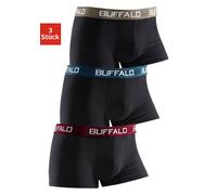 Boxer BUFFALO "Boxershorts für Jungen", Jungen, Gr. 104, 3 Stk., bunt (schwarz, bordeaux, schwarz, grün, schwarz, grau), Jersey, Obermaterial: 95% Baumwolle, 5% Elasthan, unifarben, körpernah, Unterho