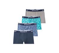 Boxer BUFFALO "Boxershorts für Jungen", Jungen, Gr. 170/176, 4 Stk., blau (dunkelblau, blau, hellblau, gran), Jersey, Obermaterial: 95% Baumwolle, 5% Elasthan, bedruckt, unifarben, körpernah, Unterhos
