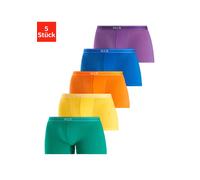 Boxer H.I.S "Boxershorts für Herren", Herren, Gr. L, 5 Stk., bunt (lila, blau, grün, gelb, orange), Jersey, Obermaterial: 95% Baumwolle, 5% Elasthan, unifarben, eng, Unterhosen, mit Steifen und Logo i