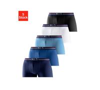 Boxer H.I.S "Boxershorts für Herren", Herren, Gr. S (4), 5 Stk., blau (navy, blau, hellblau, schwarz, weiß), Jersey, Obermaterial: 95% Baumwolle, 5% Elasthan, unifarben, Unterhosen, mit Streifen und M