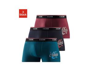 Boxer S.OLIVER "Boxershorts für Herren", Herren, Gr. L (6), 3 Stk., bunt (petrol, navy, bordeaux), Jersey, Obermaterial: 90% Baumwolle, 10% Elasthan (LYCRA), bedruckt, Unterhosen, mit Print auf dem Be