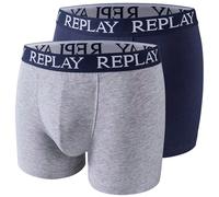 Boxershorts REPLAY "BOXER Style 01/C Basic Cuff Logo 2pcs Box", Herren, Gr. S, grau (grau, blau), Jersey, Obermaterial: 95% Baumwolle, 5% Elasthan, unifarben, Unterhosen Boxershorts, mit Logoschriftzu