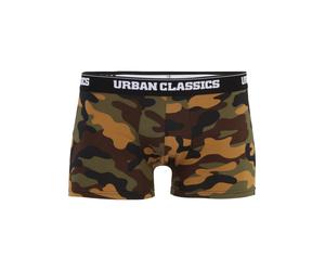 Boxershorts URBAN CLASSICS "Urban Classics Herren 2-Pack Camo Boxer Shorts", Herren, Gr. M, 1 Stk., woodcamo schwarzcamo, 95% Baumwolle, 5% Elasthan, Unterhosen (41478054-M) woodcamo schwarzcamo