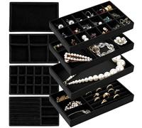 boxoon 4 x Schmucktablett, stapelbare Samt-Schubladen-Organizer, mehrere Fächer für Ringe, Ohrringe, Armbänder, Halsketten