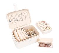Boxudeli 2 Ebenen Schmuckkästchen mit 4 Schmuckbeuteln aus Samt, großer Reise Schmuckkästchen Klein, mittelgroße Schmuckaufbewahrungsbox, tragbare Schmuckschatulle aus PU-Leder für Damen (Beige)