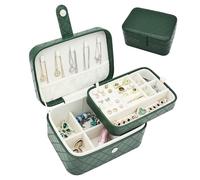 Boxudeli Schmuckkästchen Reise, 2-Ebenen Schmuck-Organizer, Mittelgroße Reise Schmuckschatulle, Tragbare Schmuckaufbewahrungsboxen aus Kunstleder mit Argyle-Muster für Damen (Dunkelgrün)