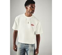 Boxy Crop Crew Neck Kurzarm T-Shirt mit rot besticktem Brustlogo aus schwerem glattem Strickstoff