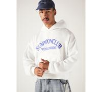 Boxy Fit Club Worldwide Oversized Pullover Hoodie mit bogenförmigem Logo-Frontdruck, Langarm, lässiges Streetwear-Oberteil für Herbst und Winter