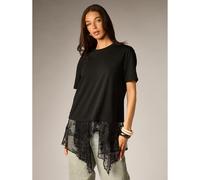 Boxy Fit Oversized Crew Neck Kurzarm T-Shirt Mit Asymmetrischem Blumen-Spitzen-Saum Detail Lässig Alltags Lagen-Look Top