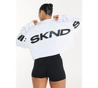 Boxy Fit SKND Oversized Crop Crew Neck T-Shirt mit großem Logo-Rückendruck und Ärmel-Branding, Langarm Fleece-Top