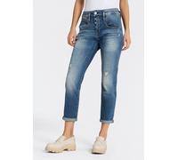 Boyfriend-Jeans HERRLICHER "Shyra Cropped Denim Stretch", Damen, Gr. 28, N-Gr, blau (surfer repair), Denim/Jeans, Obermaterial: 98% Baumwolle, 2% Elasthan, Destroyed-Effekte, 7/8-Länge, Jeans, mit Abn