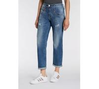 Boyfriend-Jeans HERRLICHER "Shyra Tap Denim", Damen, Gr. 28, N-Gr, mid destroy, Denim/Jeans, Obermaterial: 98% Baumwolle, 2% Elasthan, 7/8-Länge, Jeans Boyfriend-Jeans, mit halbverdeckter Knopfleiste