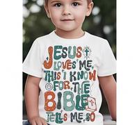 Boys' Christian Graphic T-Shirt - "Jesus Loves Me" Short Sleeve Tee with Colorful Lettering & Religious Symbols, 100% Cotton Round Neck Casual Top for