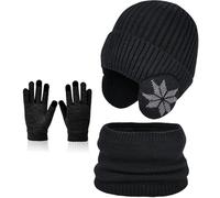 BOYSSPAA Wintermütze, Schal und Handschuhe für Kinder, 3 Stück, Beanie-Mütze mit weichem Fleecefutter, Nackenwärmer für Jungen von 2-10 Jahren, Schwarz , One size