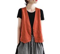 Bozanly Ärmellose Damen-Blazer-Jacke mit Knopfleiste, V-Ausschnitt, Baumwoll-Leinen, mit Taschen, Orange/Abendrot im Zickzackmuster (Sunset Chevron), XL