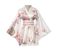 BPURB Kimono-Kostüm, japanisches traditionelles Geisha-Yukata-Cosplay, Damen, sexy Kirschblüten, Bademantel, Nachtwäsche mit Obi-Gürtel, Weiß, M