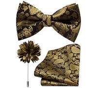 Branduce Paisley Vorgebundene Fliege und Einstecktuch Reversnadel-Set für Herren, Schwarz Gold, Allgemeines