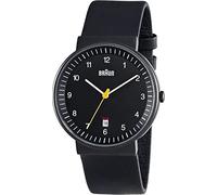 Braun Mens 3-Hand with Date Analogue Quartz Watch, Black Dial and Black Leather Strap, 40mm Black Stainless Steel Case, Model BN0032BKBKG.