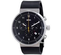 Braun Mens Prestige Chronograph with Date Analogue Quartz Watch, Black Dial and Black Rubber Strap, 43mm Stainless Steel Case, Model BN0095BKSLBKG.