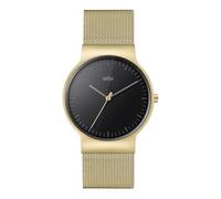 Braun Schlanke Herren-Analog-Quarzuhr mit 3 Zeigern, schwarzes Zifferblatt und goldenes Milanaise-Armband, 38-mm-Goldgehäuse, Modell BN0211BKGDMHG.