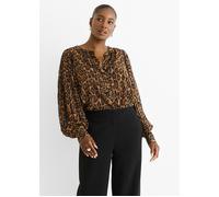 Braune Chiffon-Bluse im Animal-Print mit Falten und geradem Schnitt L/XL