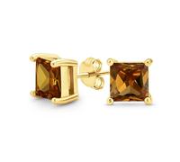 Braune Cognac Quadrat Zirkonia Brillant Prinzessschliff AAA CZ Ohrstecker Vergoldetes Sterlingsilber 7MM