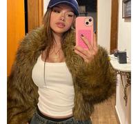 Braune Kunstfell-Jacke für Damen, langärmelig, offene Front, einfarbiger Kragen, flauschige Jacke, locker geschnittene, kurze, lässige Fellouterwear,