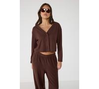 Brauner kurzer Cardigan mit V-Ausschnitt und weicher Textur, Knöpfen L