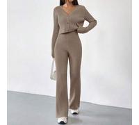 Brauner Rippstrick-cardigan Und Strickhose Im Retro-stil