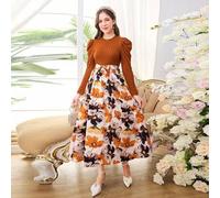 Braunes geripptes Strickkleid im bequemen und eleganten Stil für Teenager-Mädchen, mit rundem Ausschnitt, aufgebauschten Langärmeln und Blume Muster-S