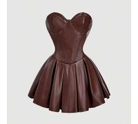 Braunes plissiertes Minikleid im Korsett-Stil aus PU mit taillenbetont Design, Preppy-Stil, Homecoming, Cottagecore Mode, Western-inspiriert, Boho-Vib