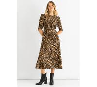 Braunes Satinkleid mit Tierprint in Midi-Länge EU 36 / UK 8