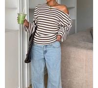 Braunes weiß gestreiftes One-Shoulder-Stricktop mit Waffelstruktur, Glockenärmeln, asymmetrischem Off-Shoulder-Pullover für den frühen Herbst, Street-