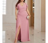 Brautjungfern-Chiffonkleid in Große Größen mit Wickeloptik an der Brust, geraffter Taille, Schlitzausschnitt, elegantes Abendkleid für Hochzeitsgäste,