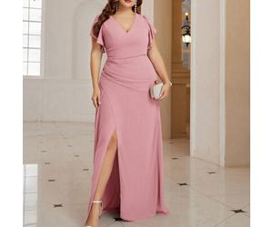 Brautjungfern-Chiffonkleid in Große Größen mit Wickeloptik an der Brust, geraffter Taille, Schlitzausschnitt, elegantes Abendkleid für Hochzeitsgäste,