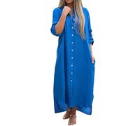 brautjungfernkleider blumenkleid Damen etuikleid Sommer Kleidung Leinen Revers Langarm Maxi T-Shirt Kleid mit Taste brautkleid Prinzessin midi（Himmelblau, M