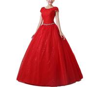 Brautkleid A-Linie Spitzen Hochzeitskleid Damen Maxi Kleider Lang Abendkleid Runde Ausschnitt Kurzarm Brautkleider,Rot,EU36