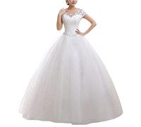 Brautkleid A-Linie Spitzen Hochzeitskleid Damen Maxi Kleider Lang Abendkleid Runde Ausschnitt Kurzarm Brautkleider,Weiss,EU36