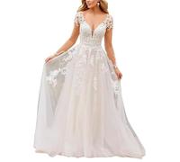 Brautkleid Frauen Bohemian Brautkleid V-Ausschnitt Spitze Kleid, SEVENYXX, Elfenbein, 40
