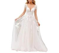 Brautkleid Frauen Bohemian Brautkleid V-Ausschnitt Spitze Kleid, SEVENYXX, weiß, 34